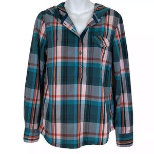 Prana Hoodie Anna Plaid Button Shirt Blue Top S